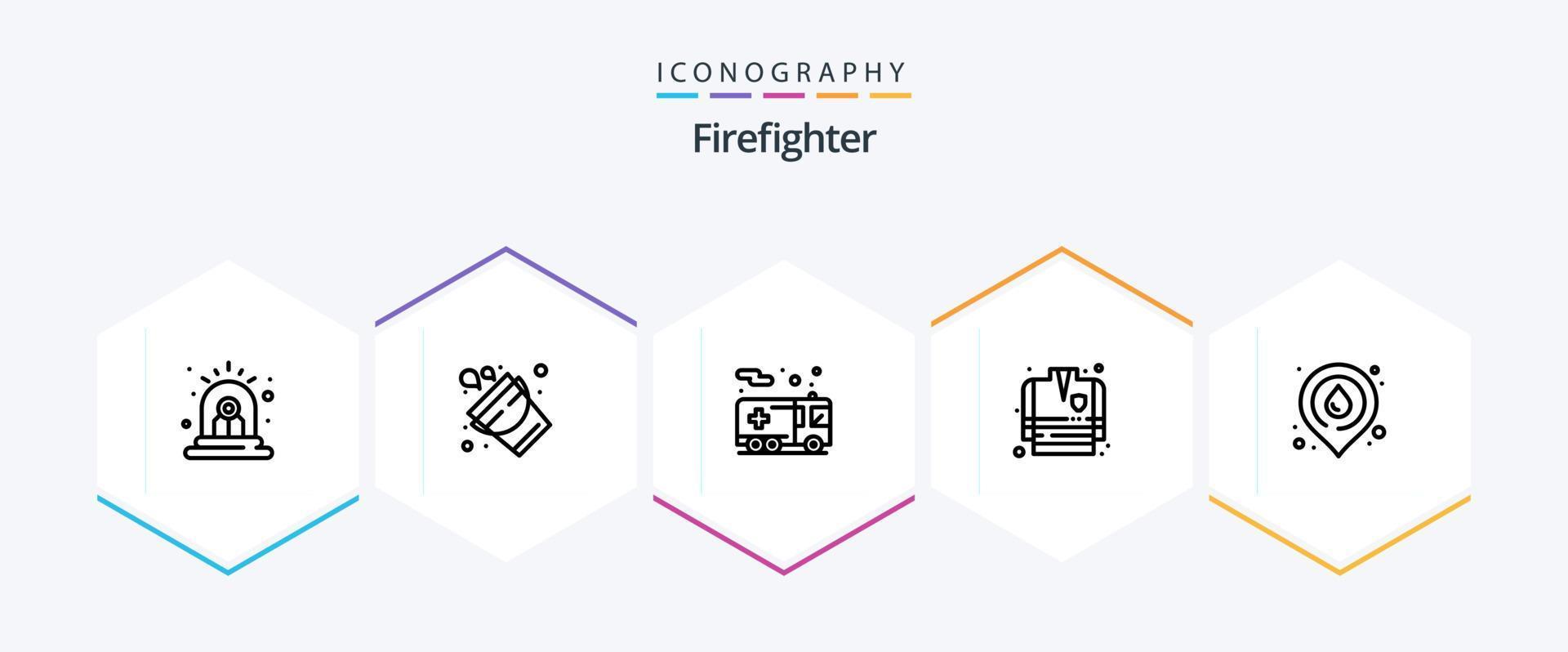 paquete de iconos de 25 líneas de bombero que incluye mapa. fuego. emergencia. bombero. extinción de incendios vector