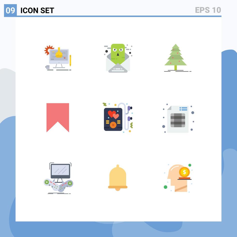 Editable Vector Line Pack of 9 Simple Flat Colors of headphone save tree interface flag Editable Vector Design Elements