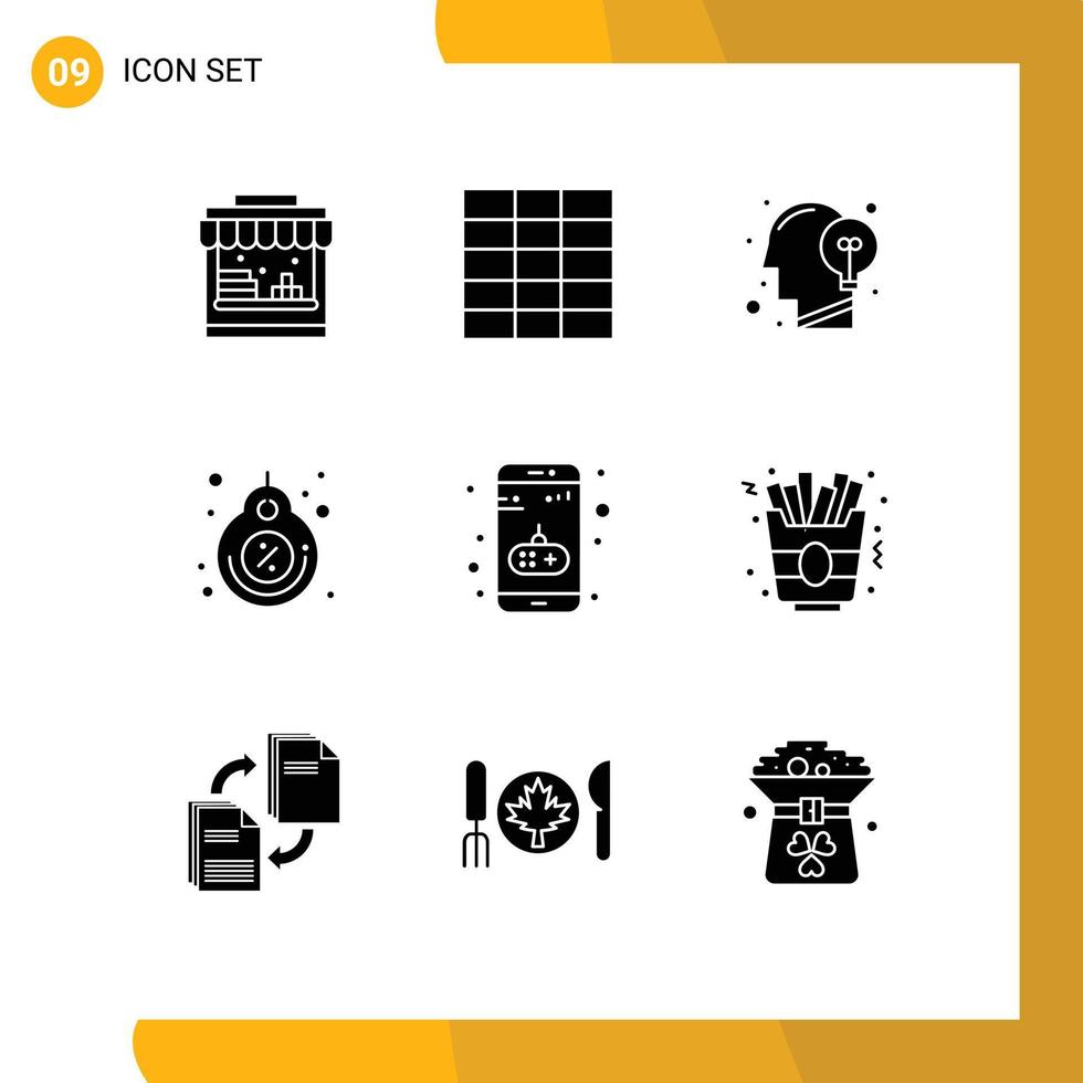 User Interface Pack of 9 Basic Solid Glyphs of game app idea discount price Editable Vector Design Elements