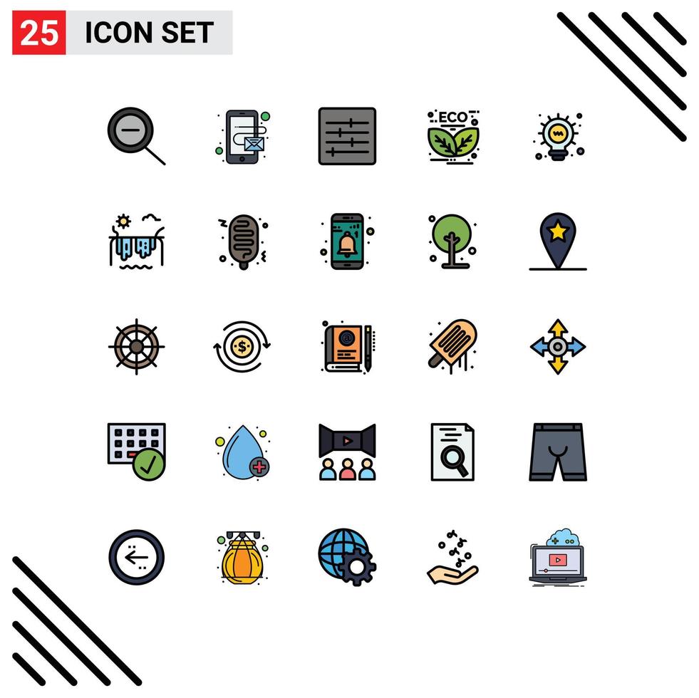 User Interface Pack of 25 Basic Filled line Flat Colors of river bulb leaf light leaf Editable Vector Design Elements