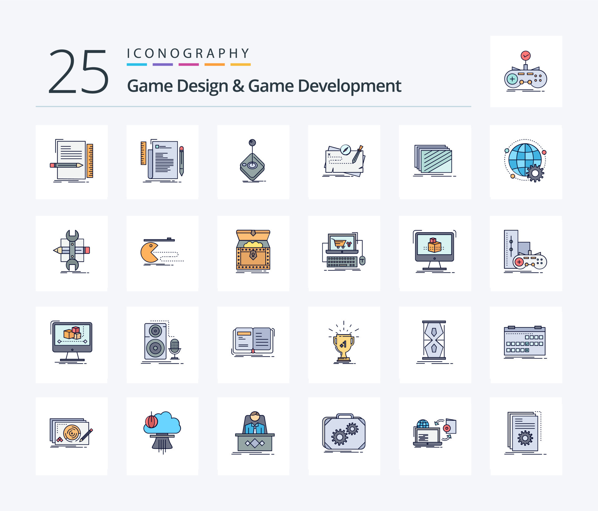 Game Design And Game Development 25 Line Filled icon pack including