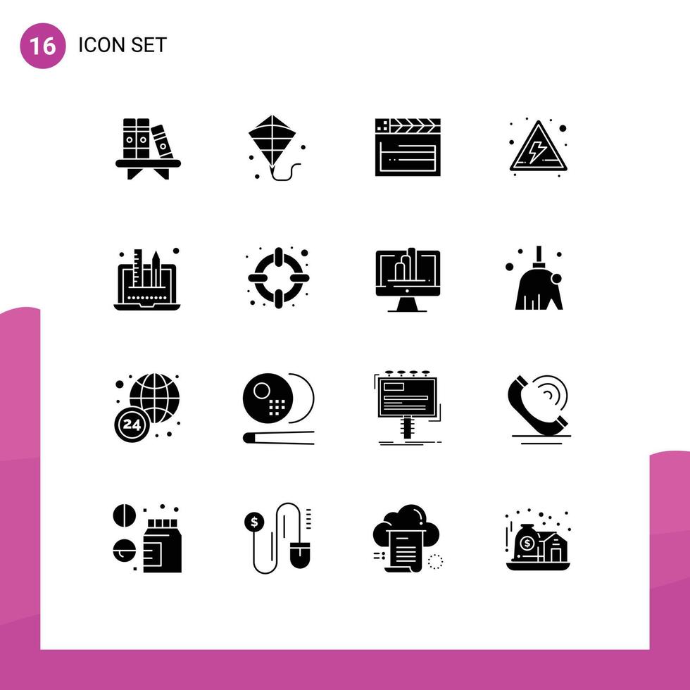 Modern Set of 16 Solid Glyphs and symbols such as graphic design movie creativity danger Editable Vector Design Elements