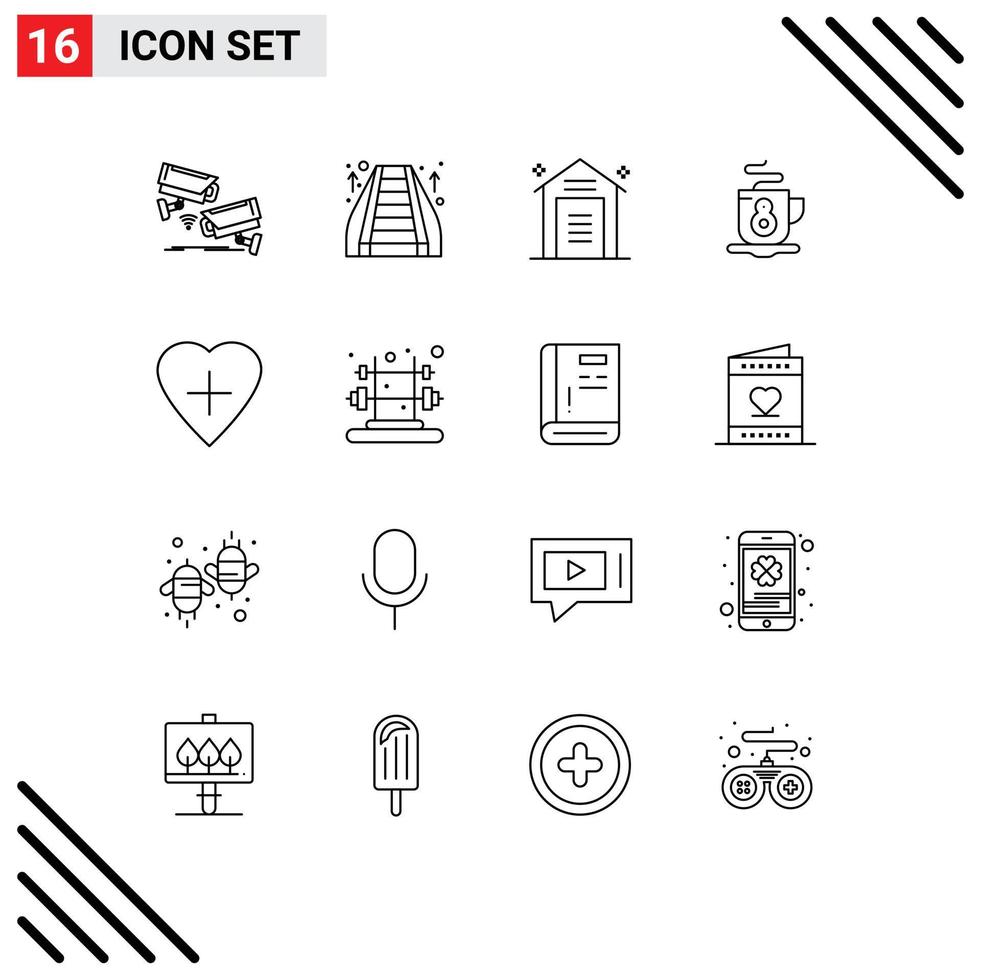 Modern Set of 16 Outlines and symbols such as heart tea mall coffee storehouse Editable Vector Design Elements