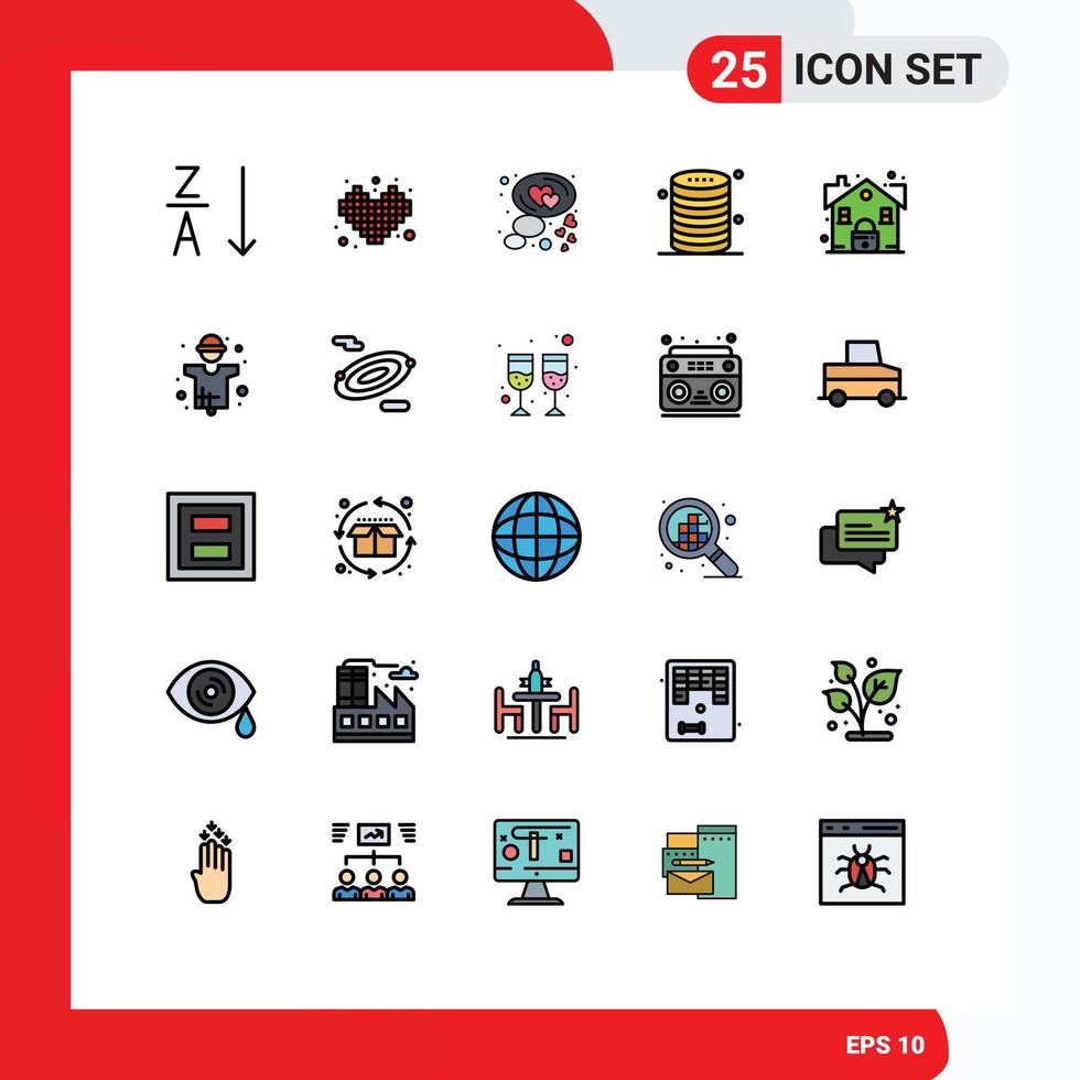 25 Universal Filled line Flat Color Signs Symbols of lock storage heart server data Editable Vector Design Elements