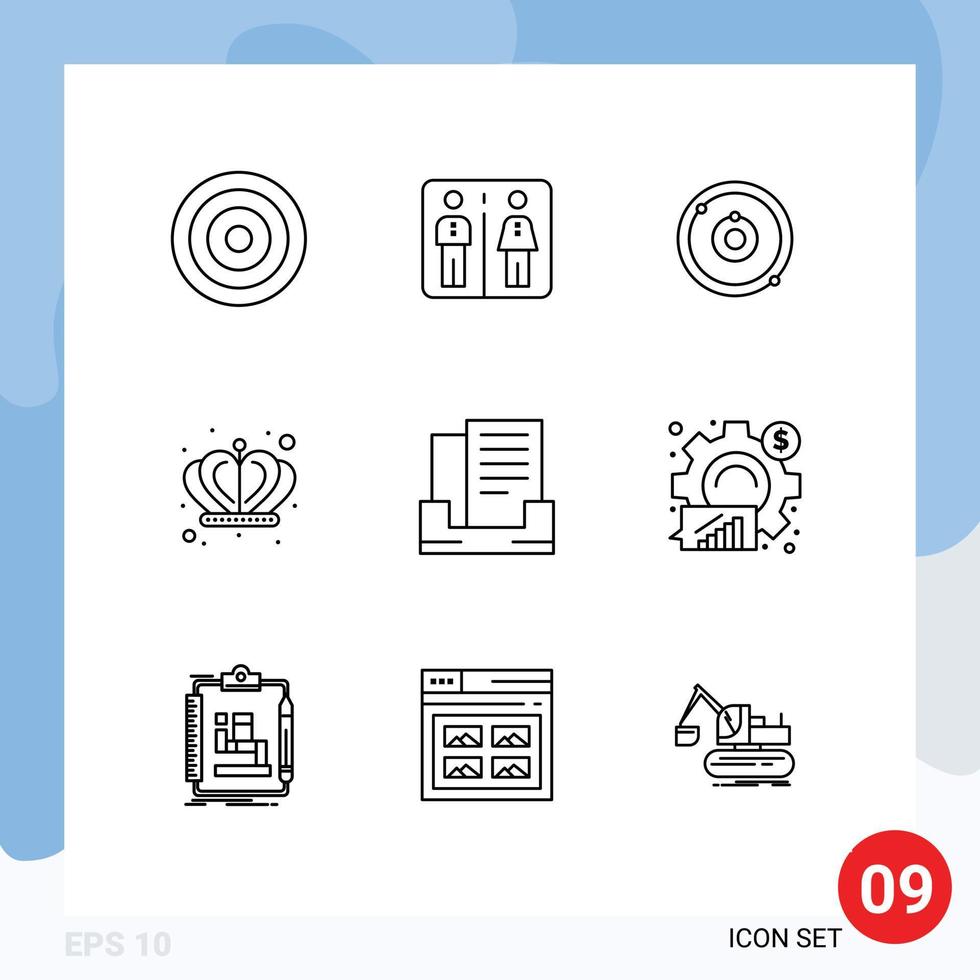 Group of 9 Modern Outlines Set for box email astronomy king crown Editable Vector Design Elements