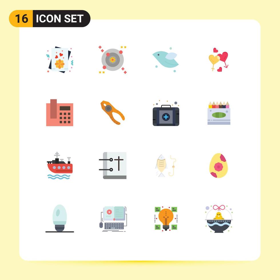 paquete de 16 signos y símbolos modernos de colores planos para medios impresos web, como llamadas telefónicas, moscas, mujeres de san valentín, paquete editable de elementos creativos de diseño de vectores