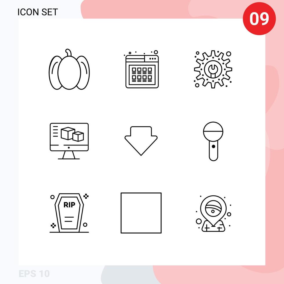 Modern Set of 9 Outlines Pictograph of downlod arrow development tool computing monitor Editable Vector Design Elements