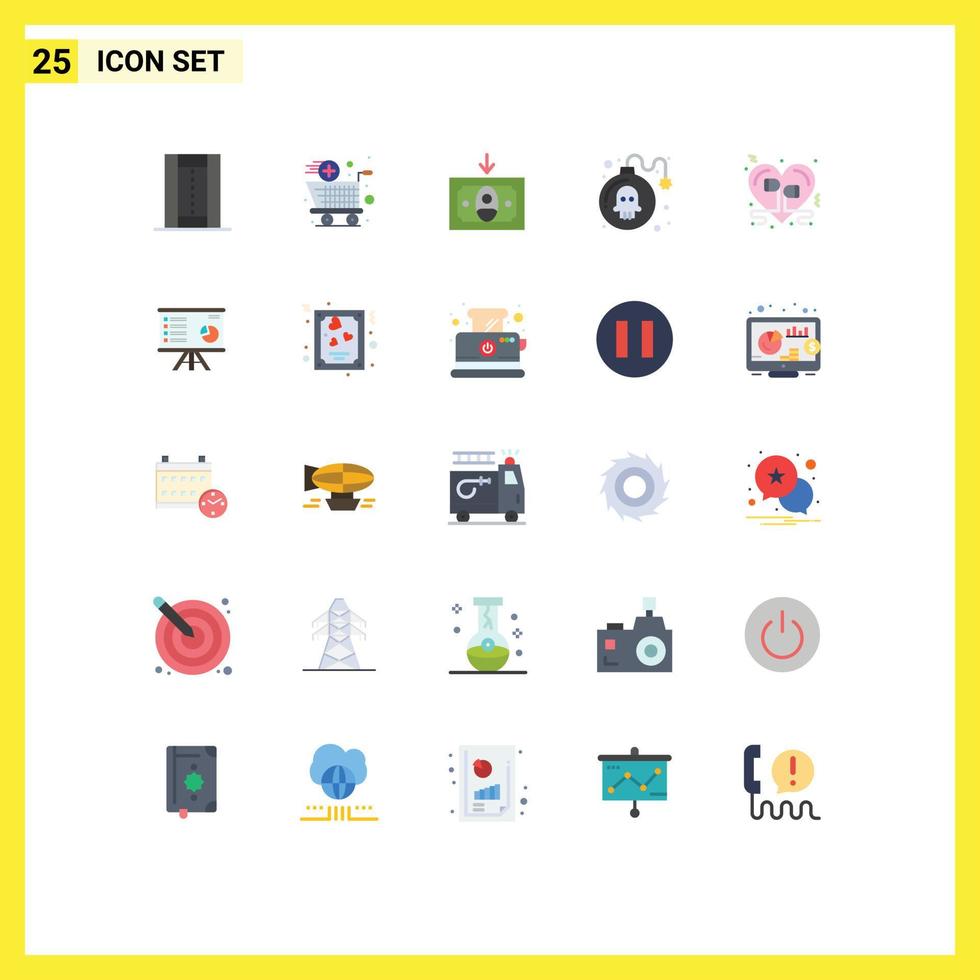 Mobile Interface Flat Color Set of 25 Pictograms of heart play shopping game bomb Editable Vector Design Elements