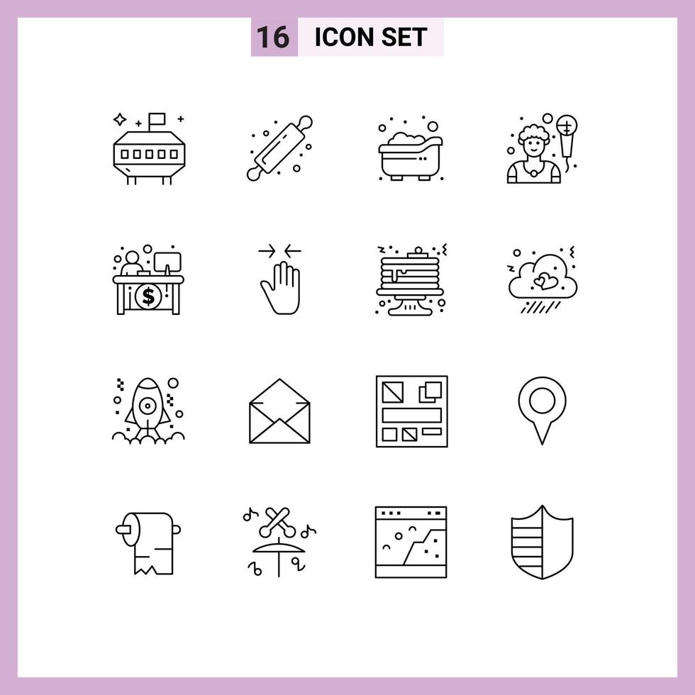 User Interface Pack of 16 Basic Outlines of teller economy bath business man Editable Vector Design Elements