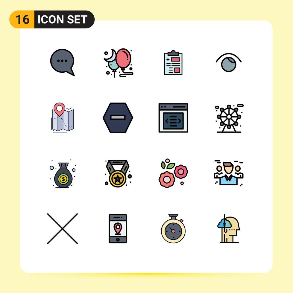 User Interface Pack of 16 Basic Flat Color Filled Lines of map gps record twitter view Editable Creative Vector Design Elements
