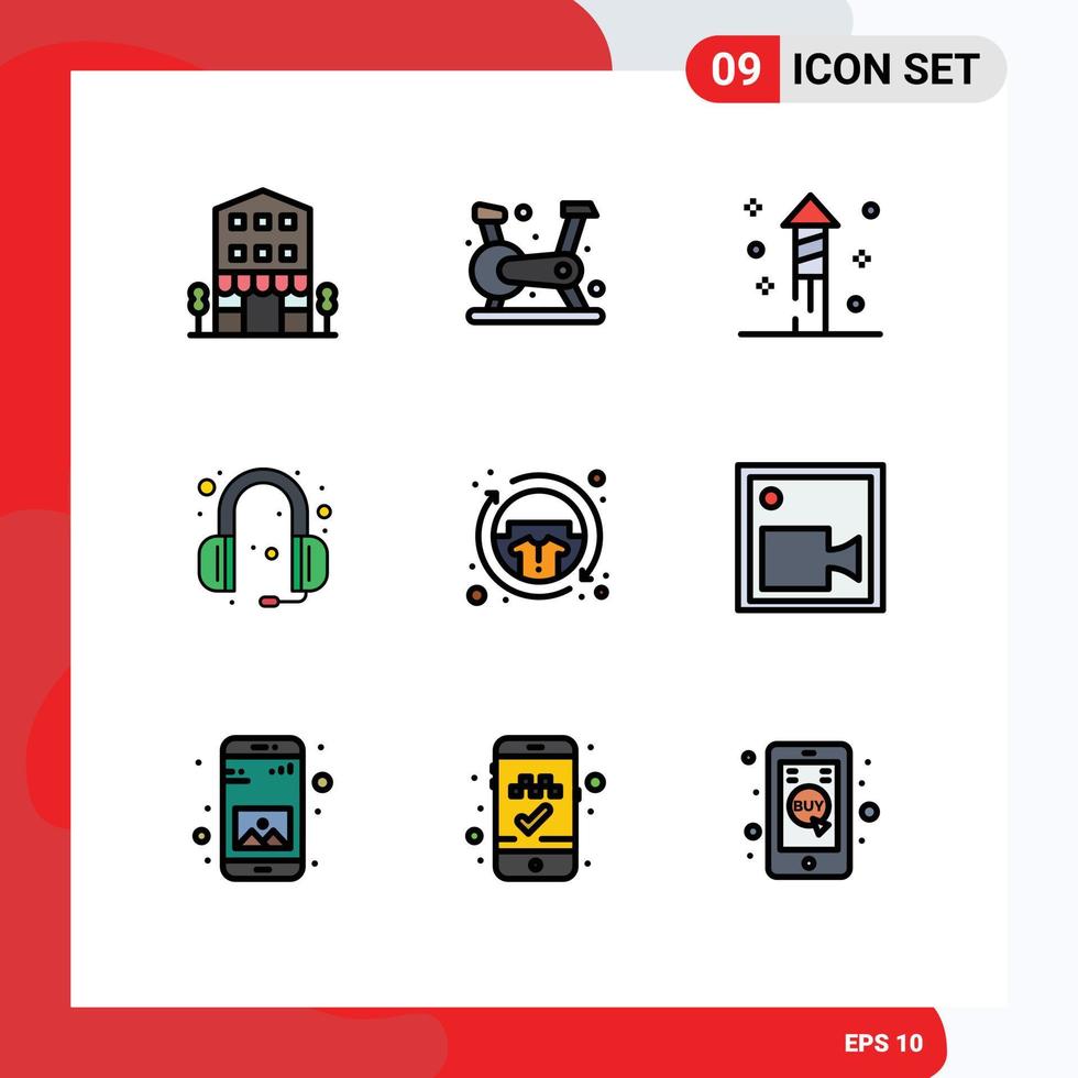9 Thematic Vector Filledline Flat Colors and Editable Symbols of clothes headphone gym support communications Editable Vector Design Elements