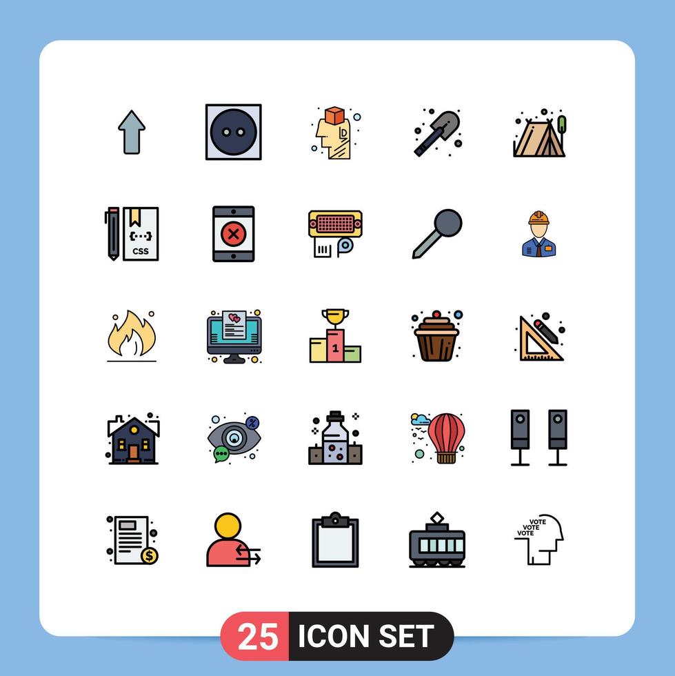 Set of 25 Modern UI Icons Symbols Signs for tent camping brain shovel construction Editable Vector Design Elements