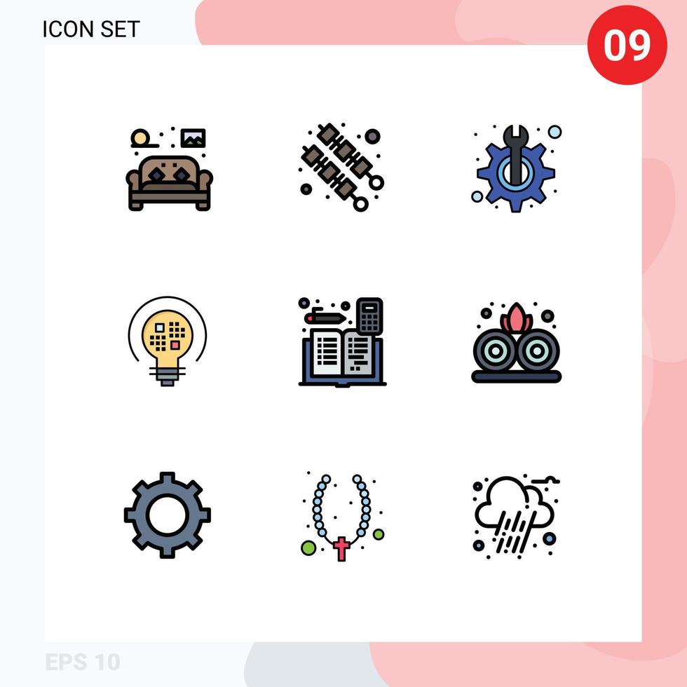 Pictogram Set of 9 Simple Filledline Flat Colors of calculator bulb maintenance light data Editable Vector Design Elements