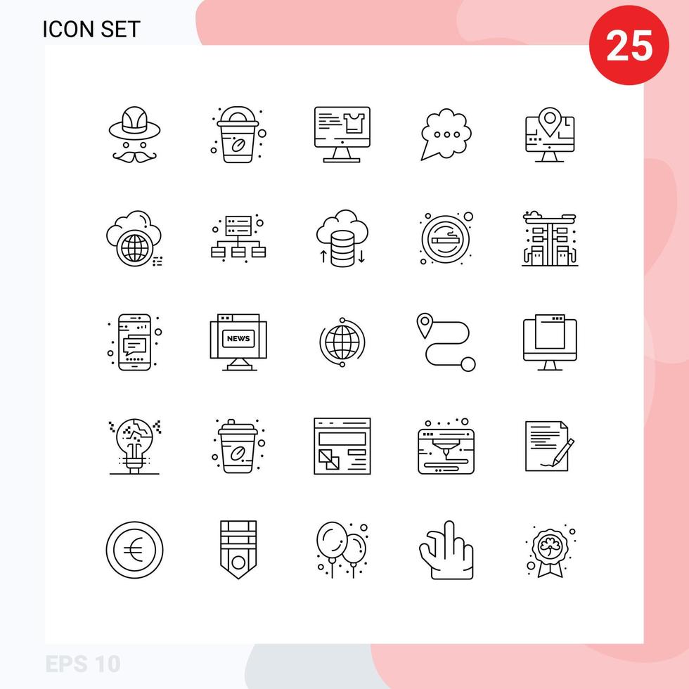 grupo de 25 líneas modernas establecidas para elementos de diseño vectorial editables de comentario de mapa de monitor de ubicación en la nube vector