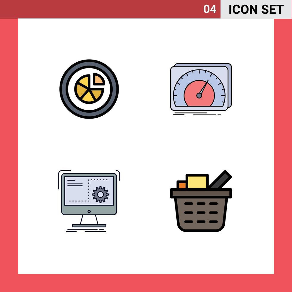 paquete de 4 signos y símbolos de colores planos de línea de llenado modernos para medios de impresión web, como análisis de dispositivos de tarta de Internet, elementos de diseño de vectores editables por computadora