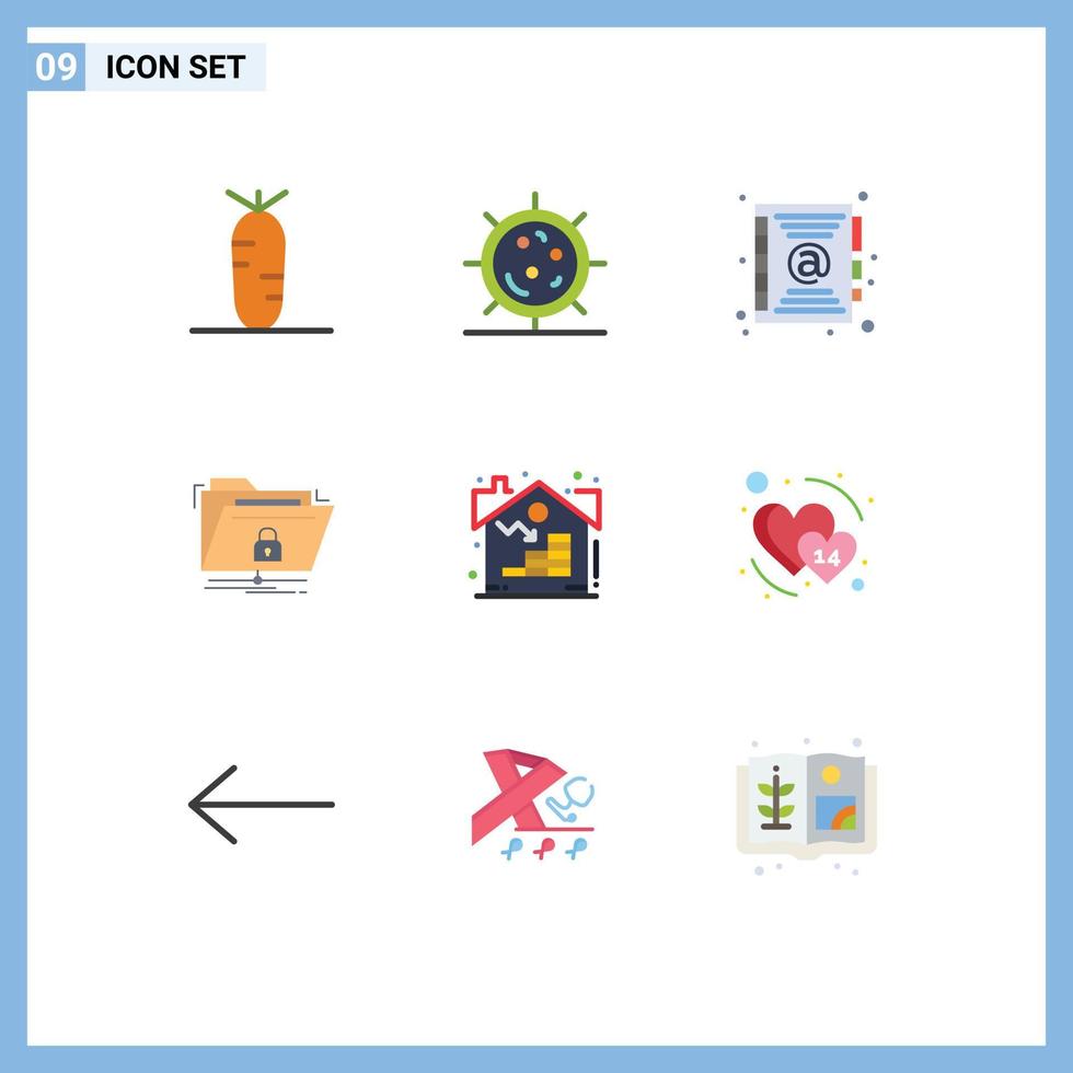 Mobile Interface Flat Color Set of 9 Pictograms of property secure address network files Editable Vector Design Elements