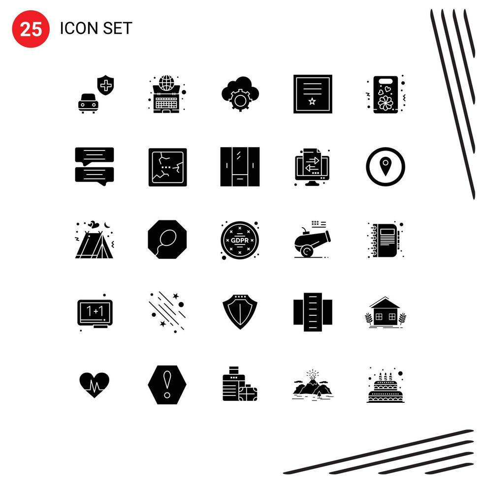 Set of 25 Vector Solid Glyphs on Grid for stamp post cloud insignia settings Editable Vector Design Elements