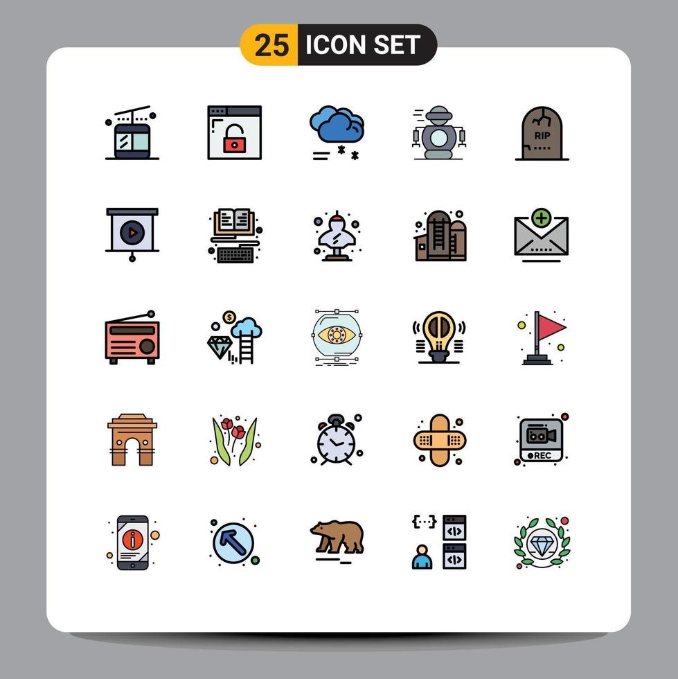 25 Thematic Vector Filled line Flat Colors and Editable Symbols of gravestone death forecast robot technology Editable Vector Design Elements