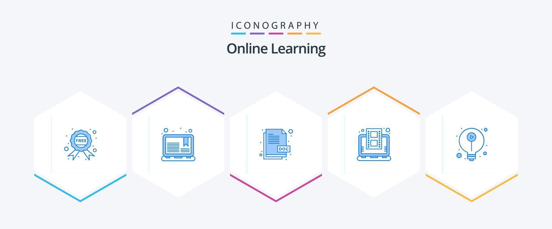 Online Learning 25 Blue icon pack including elearning. video tutorials. doc. study. learning vector