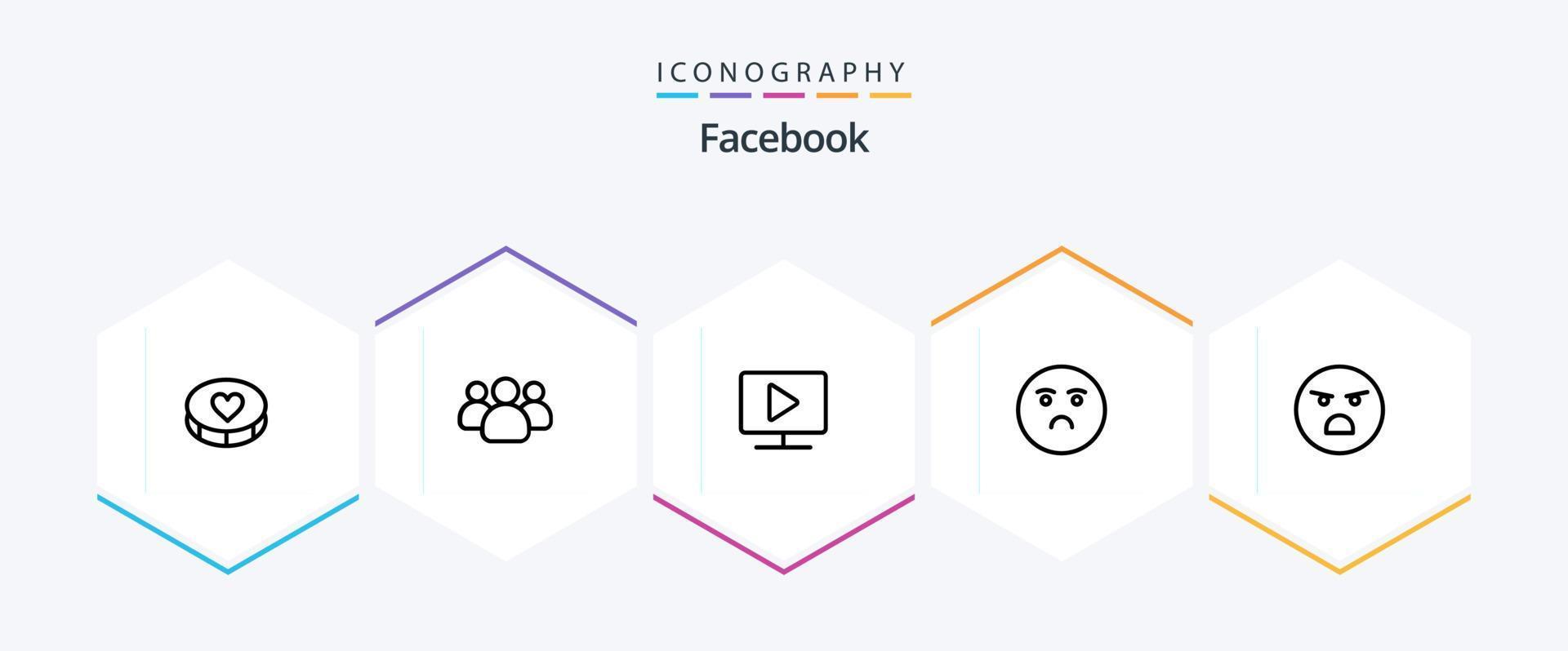 Facebook 25 Line icon pack including emotion. sad. monitor. feeling. emoji vector