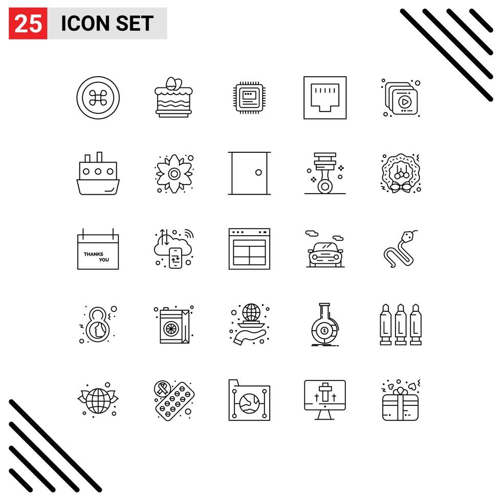 Mobile Interface Line Set of 25 Pictograms of boat multimedia storage collection ethernet Editable Vector Design Elements