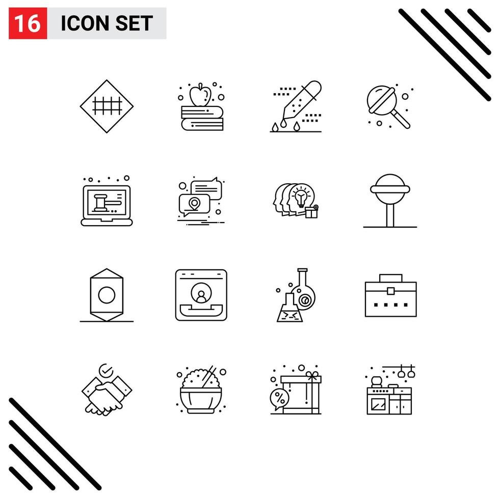 16 User Interface Outline Pack of modern Signs and Symbols of auction sugar chemical test lollipop scientific research Editable Vector Design Elements