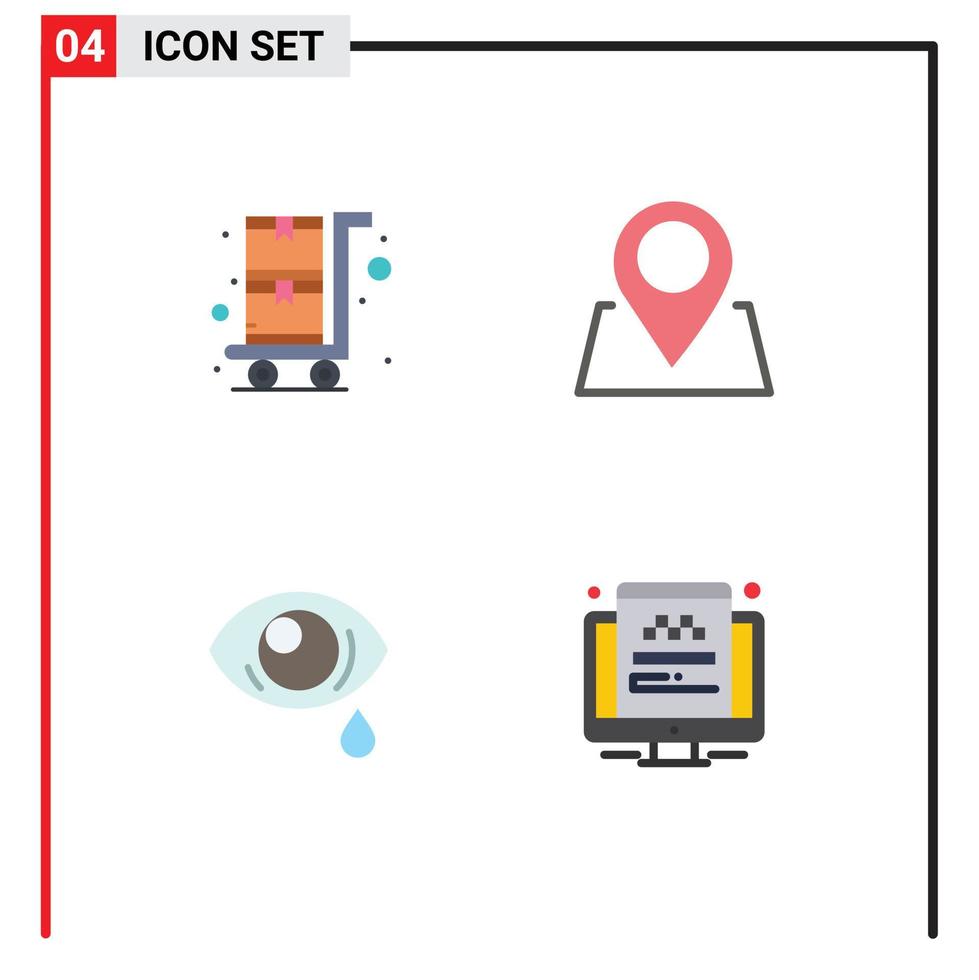 conjunto de pictogramas de 4 iconos planos simples de compras triste ubicación ojo viajando elementos de diseño vectorial editables vector