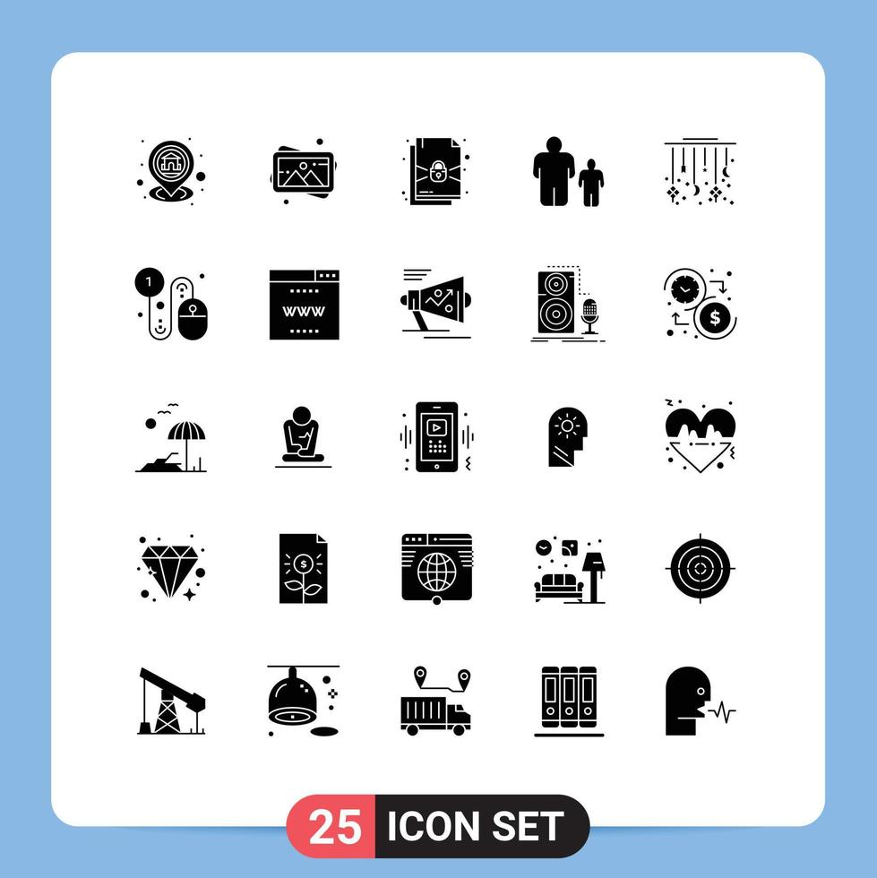Pack of 25 creative Solid Glyphs of moon parental control photo father child Editable Vector Design Elements