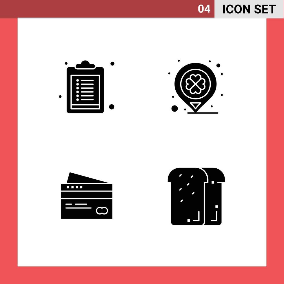 Pack of 4 creative Solid Glyphs of checklist card day marker credit Editable Vector Design Elements