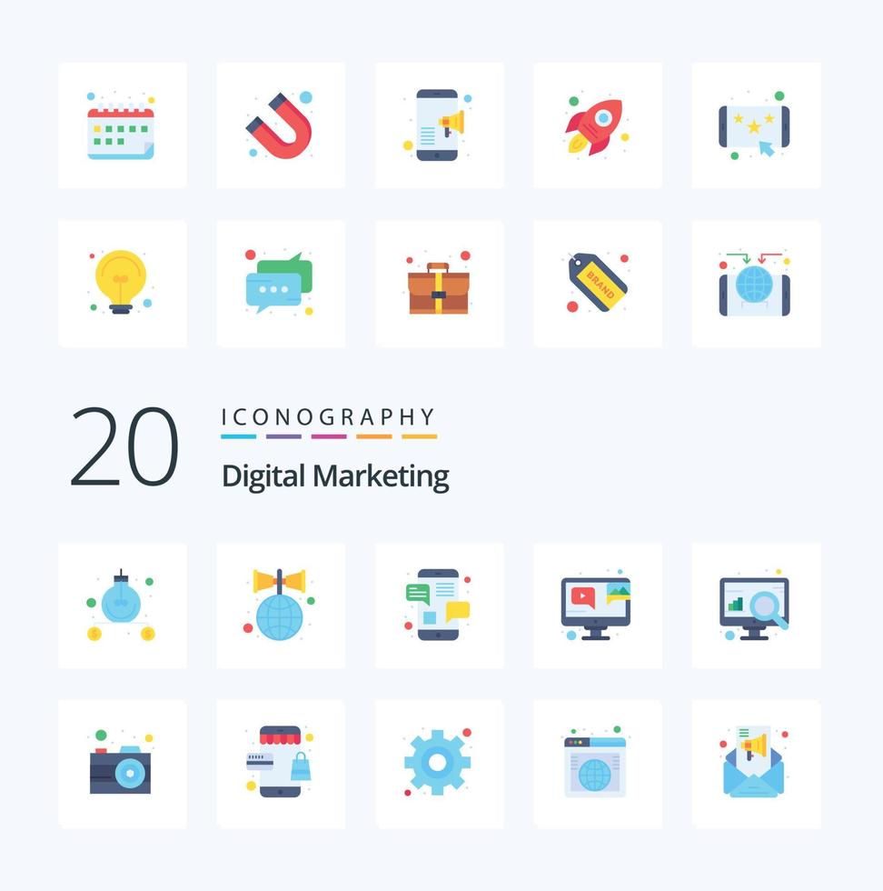 20 Digital Marketing Flat Color icon Pack like diagram video chat online video browser vector