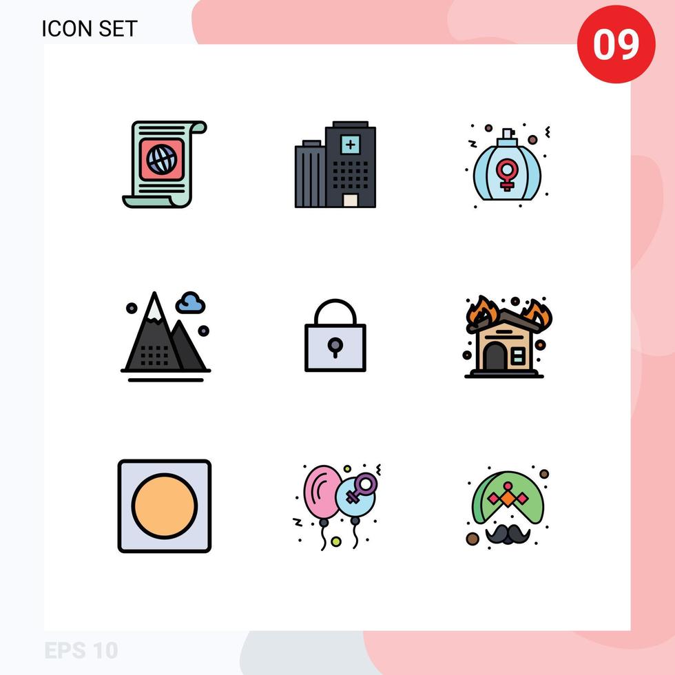Modern Set of 9 Filledline Flat Colors and symbols such as mountains athletics care activities perfume Editable Vector Design Elements