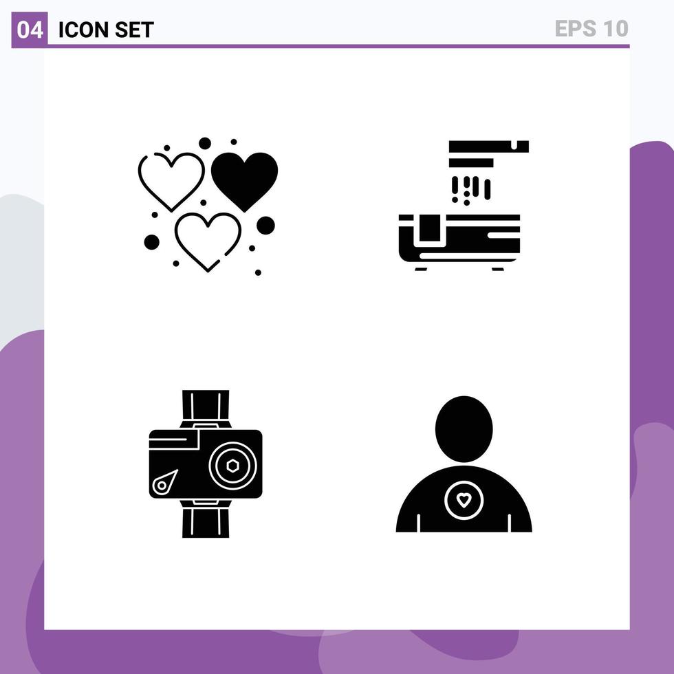 4 Creative Icons Modern Signs and Symbols of heart action play bathtub video Editable Vector Design Elements