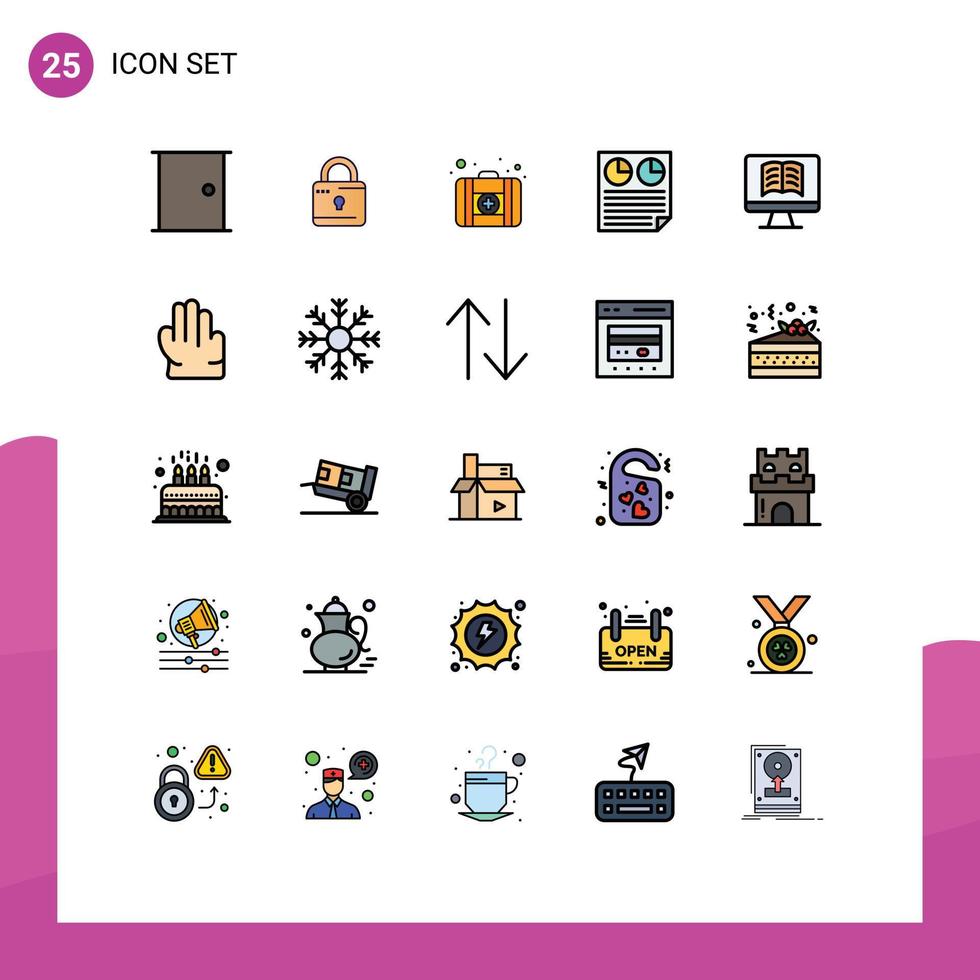 Universal Icon Symbols Group of 25 Modern Filled line Flat Colors of computer pie security page data Editable Vector Design Elements