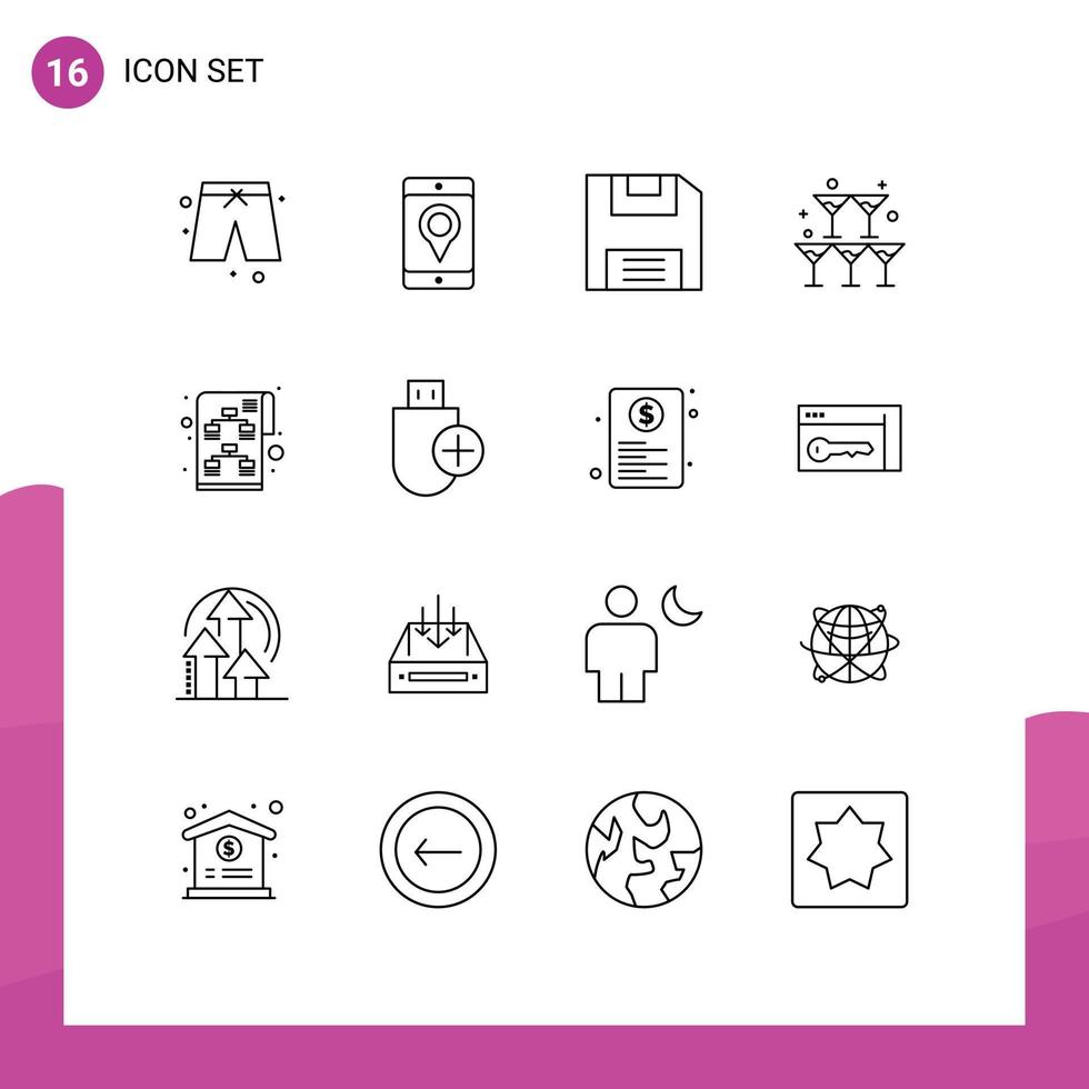 conjunto de 16 iconos de interfaz de usuario modernos signos de símbolos para la estrategia de puesta en marcha planificación de disquetes elementos de diseño vectorial editables del corazón vector