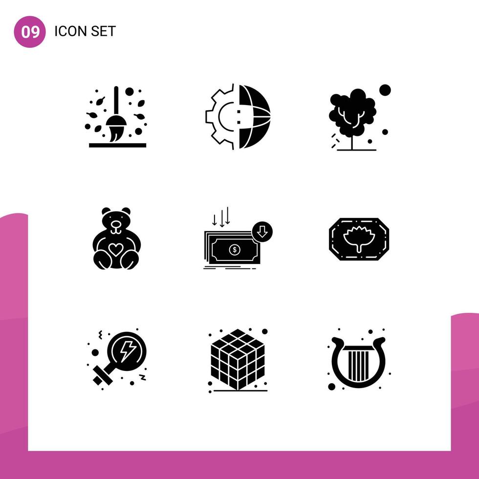 Universal Icon Symbols Group of 9 Modern Solid Glyphs of loving hearts processing warming soil Editable Vector Design Elements