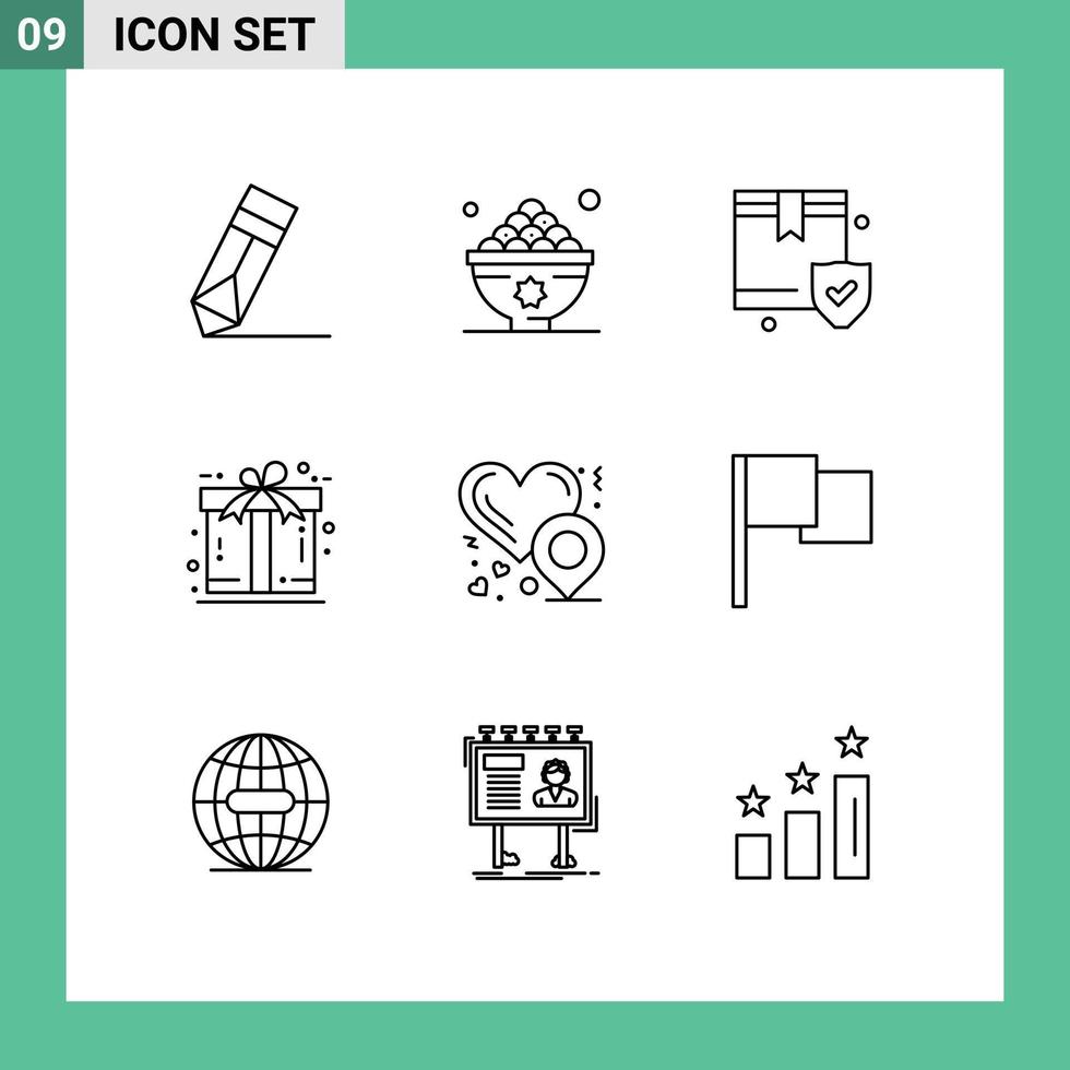 Pack of 9 Modern Outlines Signs and Symbols for Web Print Media such as heart location gift meal free box Editable Vector Design Elements