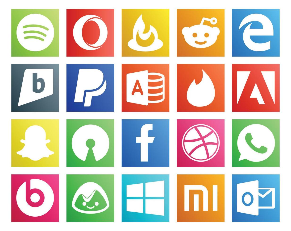 Paquete de 20 íconos de redes sociales que incluye windows beats pill yesca whatsapp facebook vector