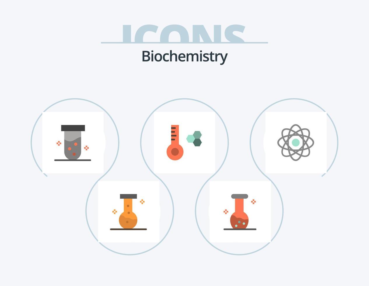 paquete de iconos planos de bioquímica 5 diseño de iconos. laboratorio. bioquímica. laboratorio. átomo. medidor de temperatura vector