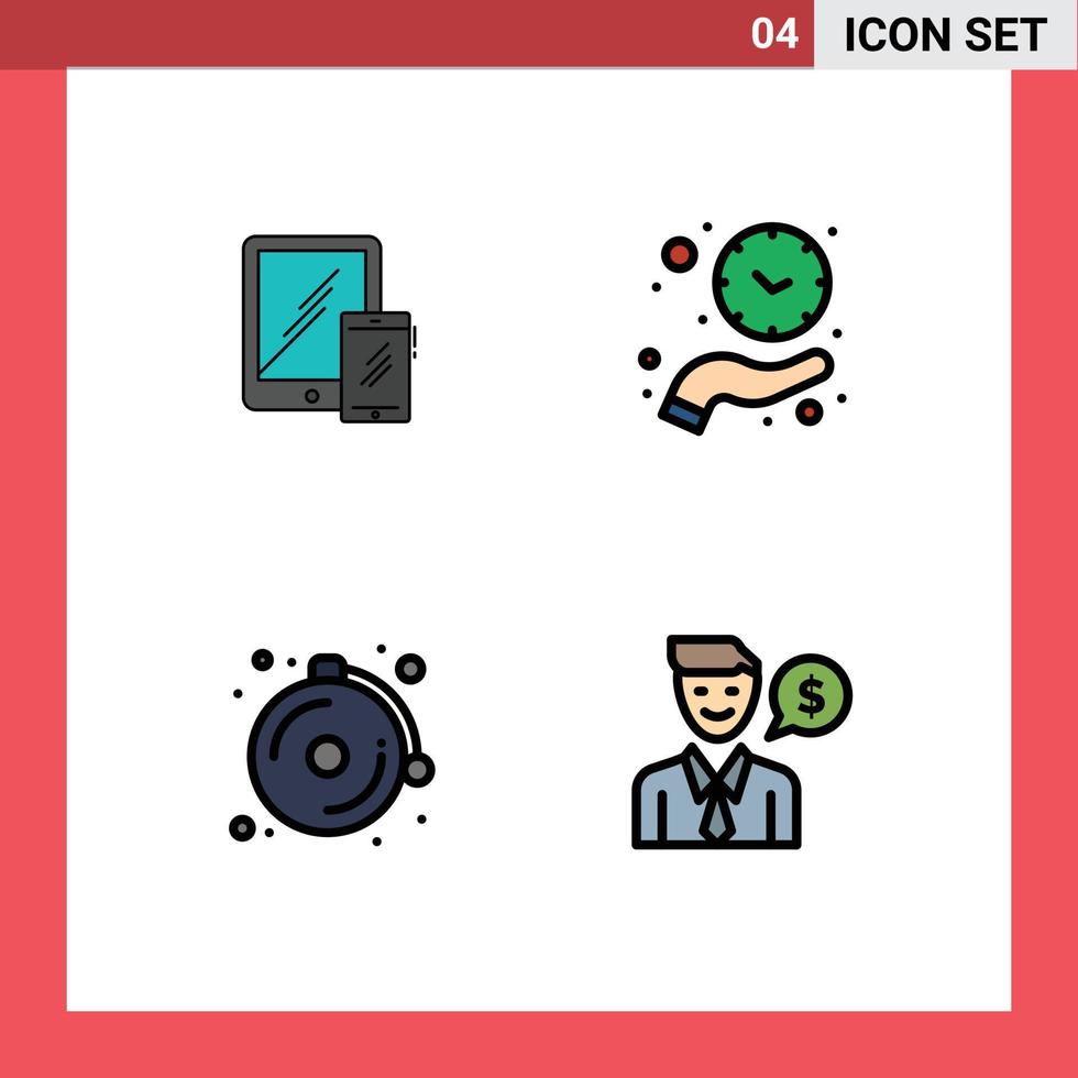 Mobile Interface Filledline Flat Color Set of 4 Pictograms of smartphone save time tablet hand bell Editable Vector Design Elements