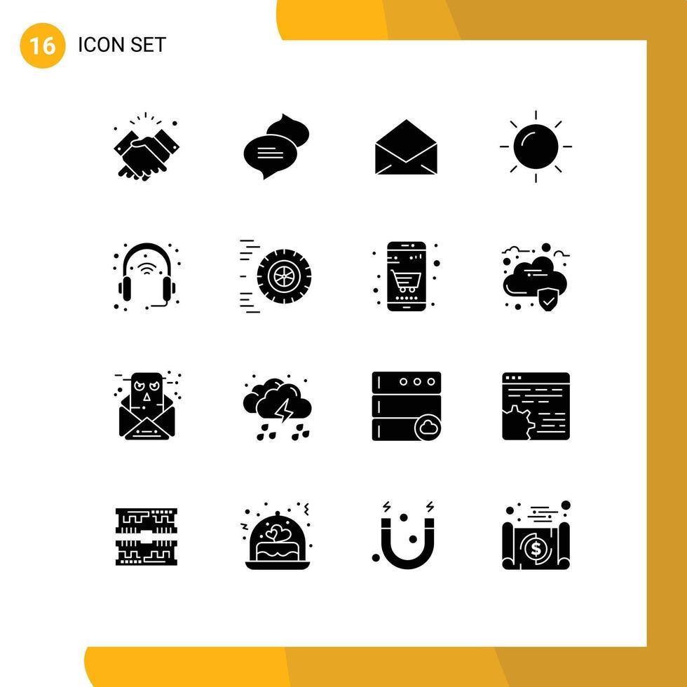 User Interface Pack of 16 Basic Solid Glyphs of head device email sunny day Editable Vector Design Elements