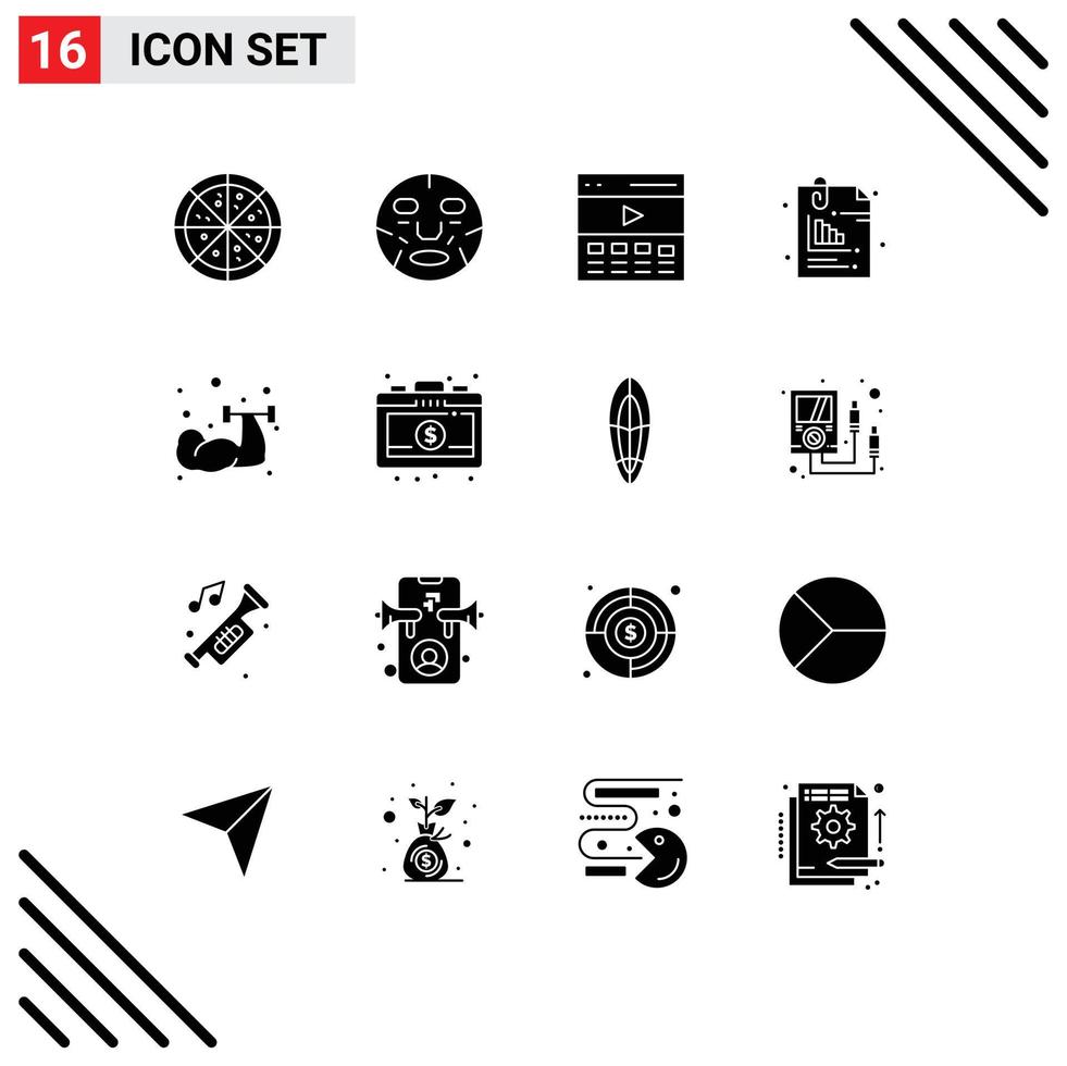 Universal Icon Symbols Group of 16 Modern Solid Glyphs of dumbbell office header files attachment Editable Vector Design Elements