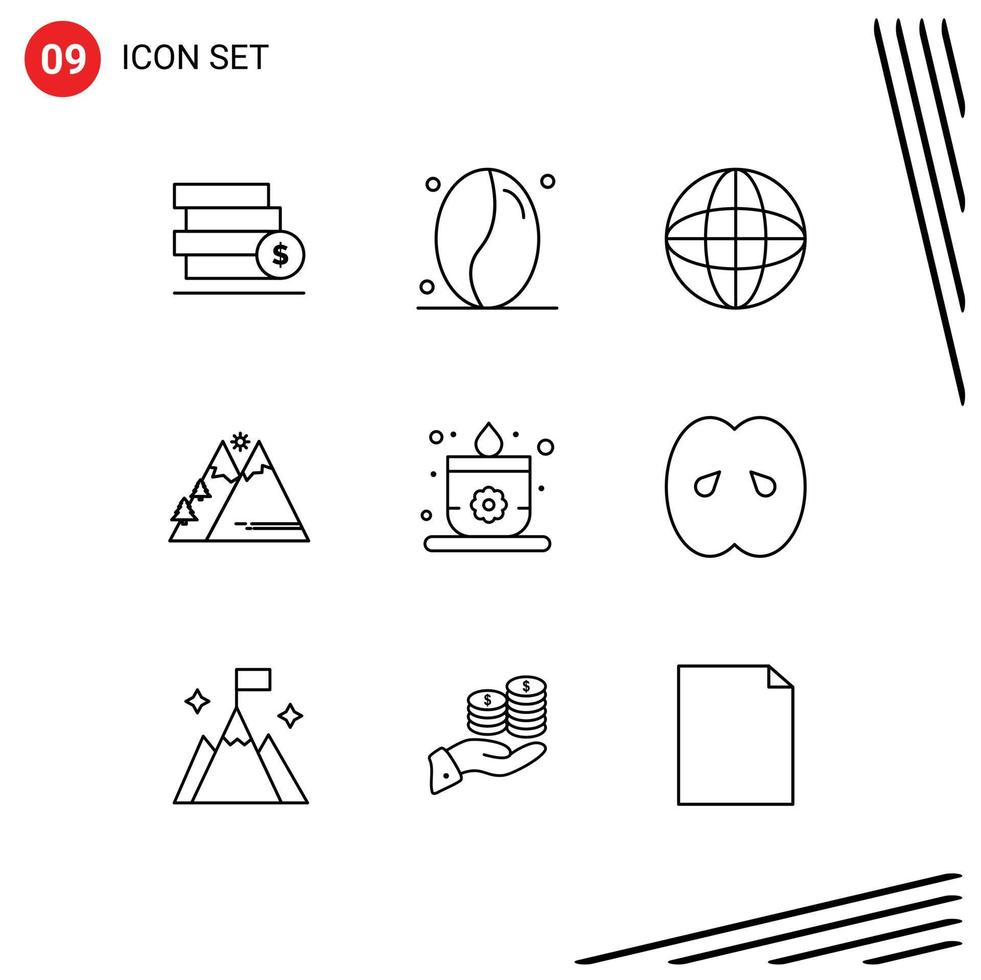 Set of 9 Vector Outlines on Grid for candle sun devices outdoor mountains Editable Vector Design Elements