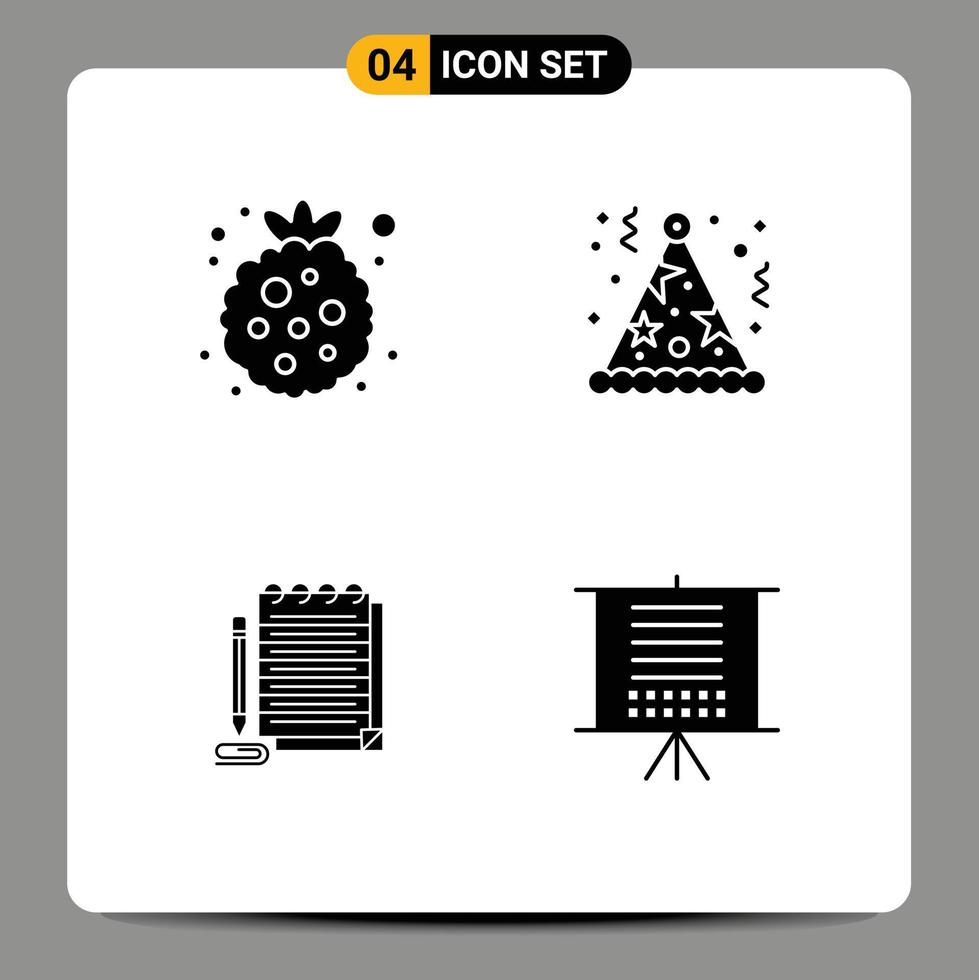 4 conjunto de glifos sólidos universales para aplicaciones web y móviles berry notebook frambuesa divertidos elementos de diseño vectorial editables vector