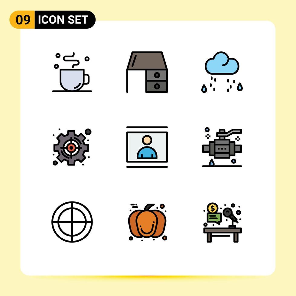 Universal Icon Symbols Group of 9 Modern Filledline Flat Colors of target set office material management rain Editable Vector Design Elements