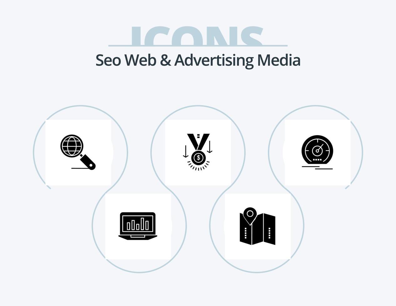 seo web y medios publicitarios glyph icon pack 5 diseño de iconos. ganador. medalla. localización. premio. buscar vector
