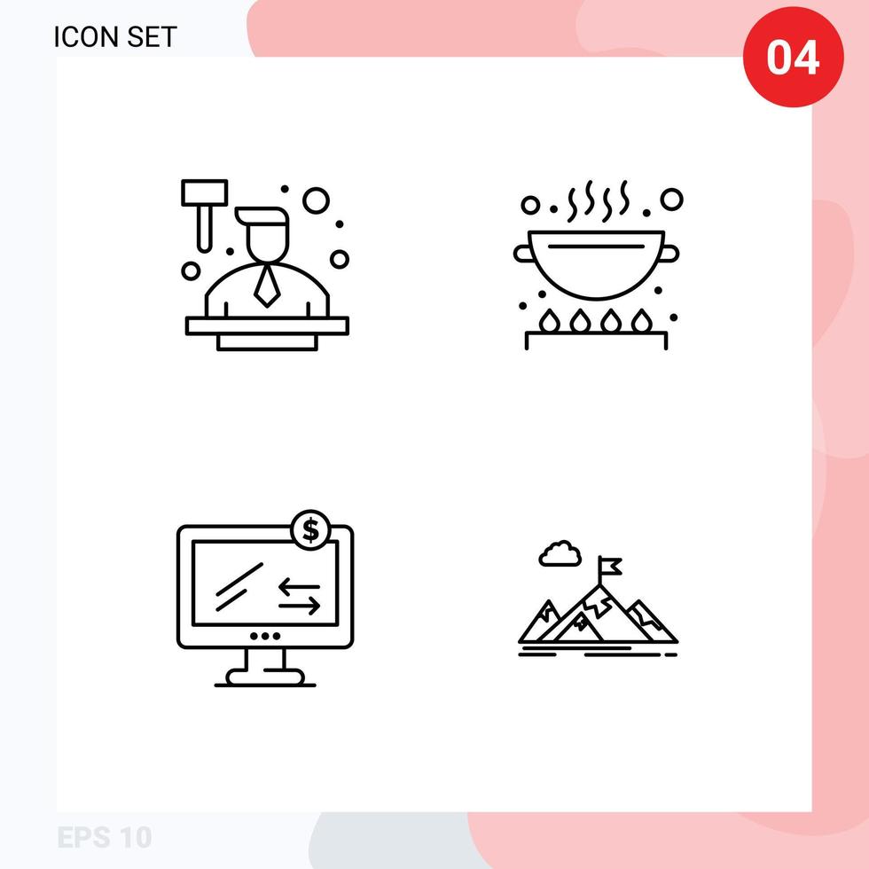 Pictogram Set of 4 Simple Filledline Flat Colors of auction monitor law kitchen shopping Editable Vector Design Elements