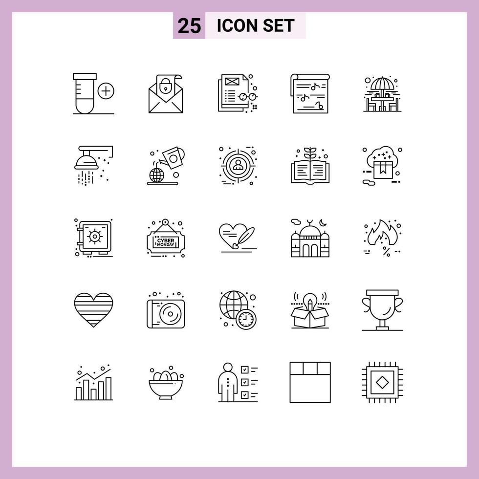 25 User Interface Line Pack of modern Signs and Symbols of garden chair content video music Editable Vector Design Elements