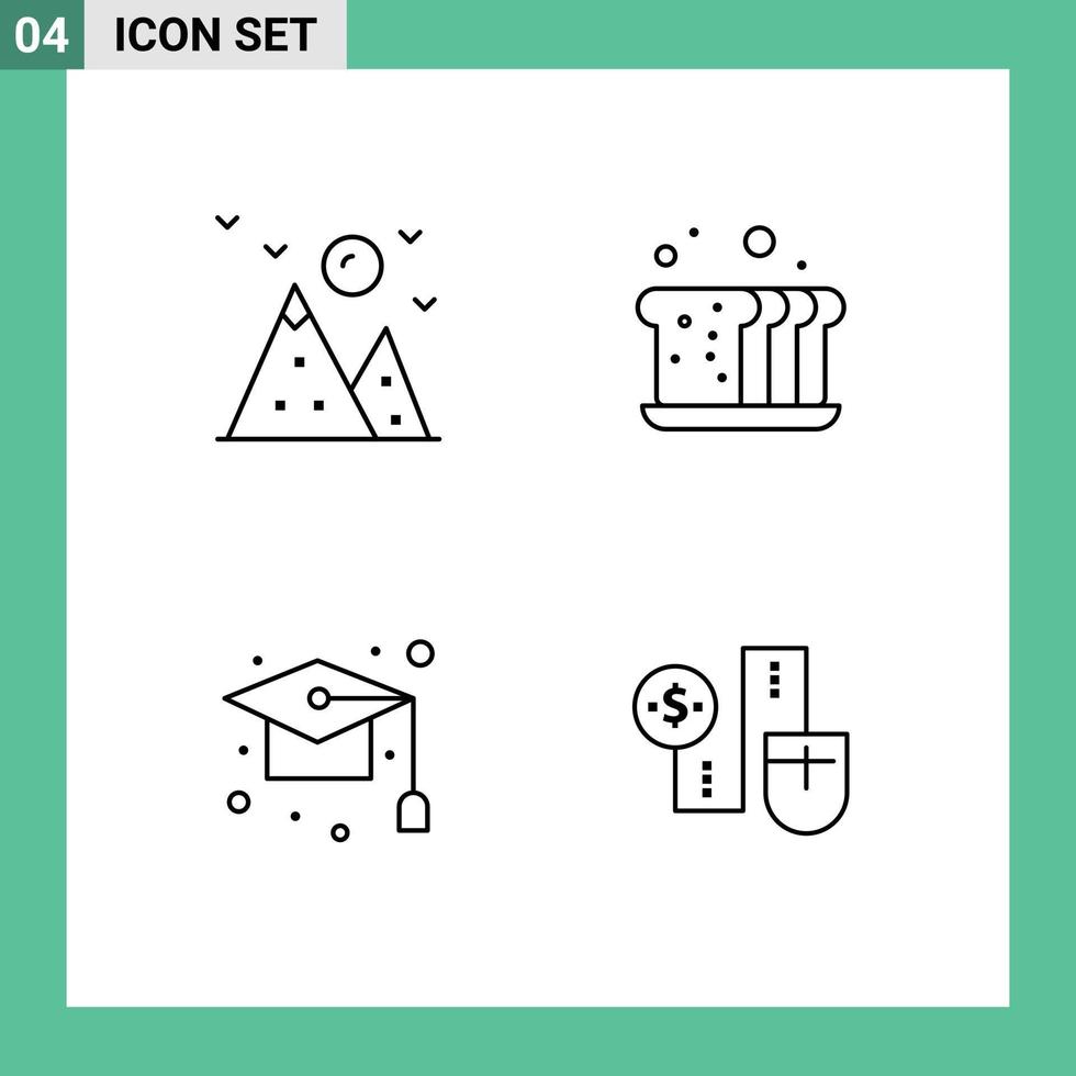 4 Creative Icons Modern Signs and Symbols of hiking cap mountain bread graduation Editable Vector Design Elements