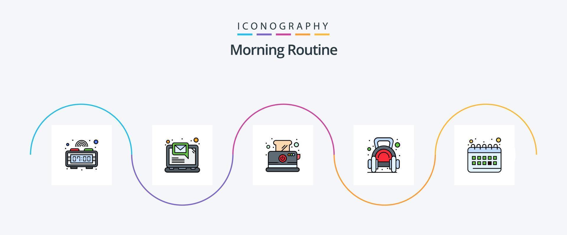 la línea de rutina de la mañana llenó el paquete de iconos planos 5 que incluye el reloj. gimnasia. tostada. pesa. aptitud física vector