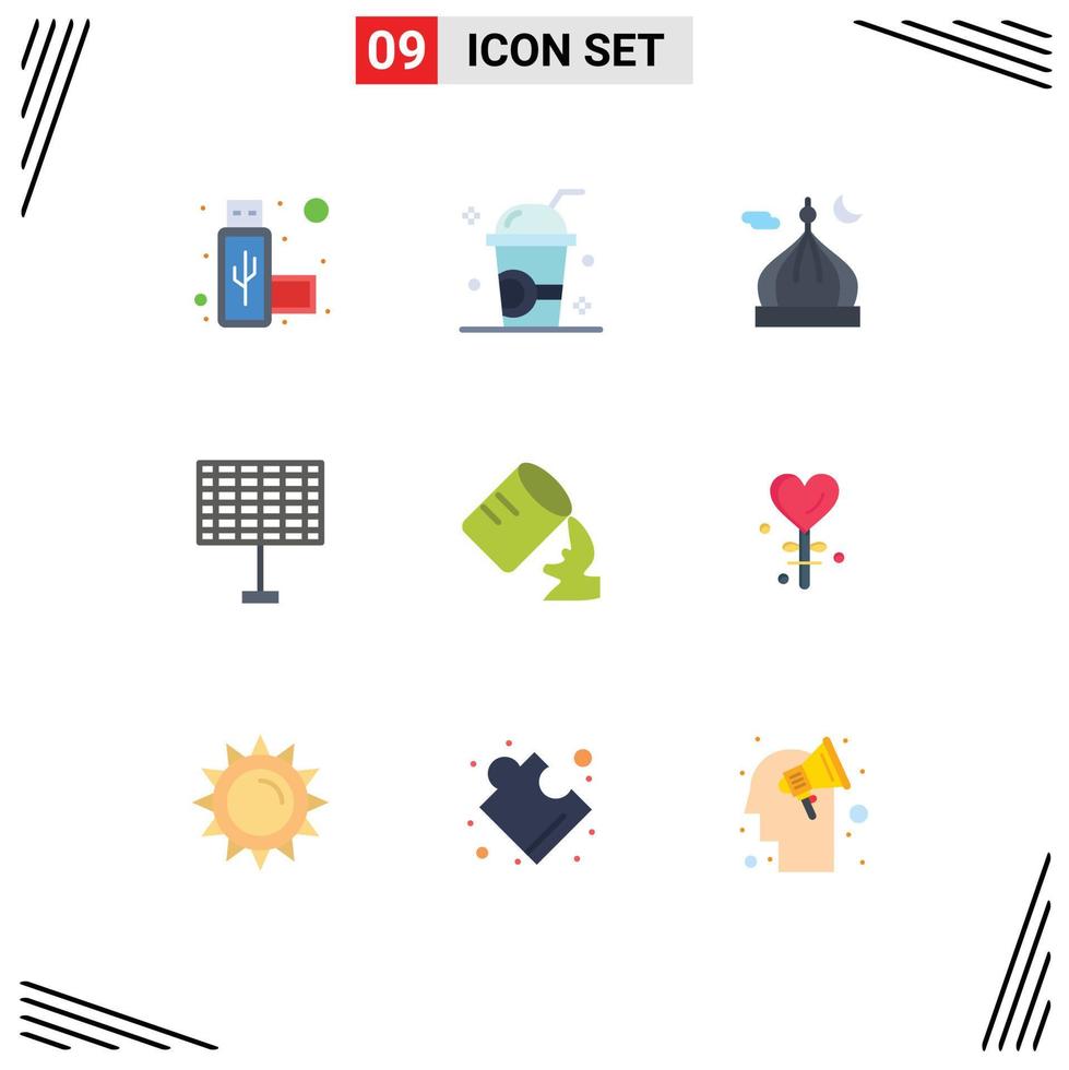 9 User Interface Flat Color Pack of modern Signs and Symbols of water solar mosque eco pray Editable Vector Design Elements